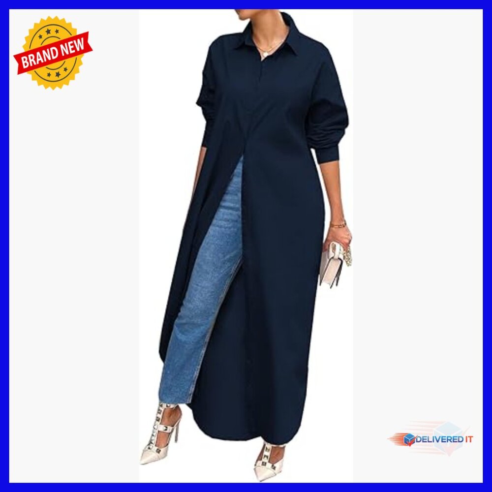 Long Sleeve Cotton Button Down Maxi Dress Loose Fit Casual